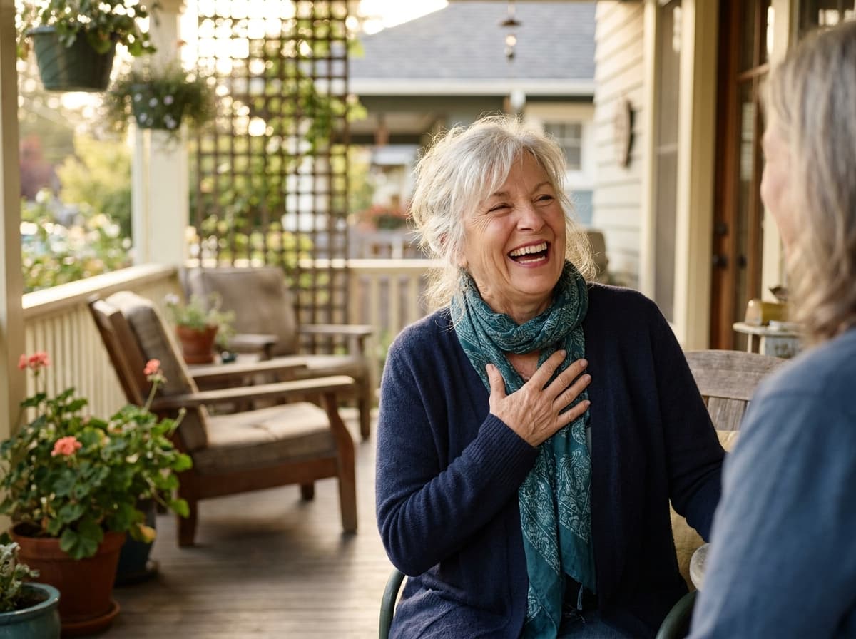 A senior woman laughing during a conversation on a sunlit porch