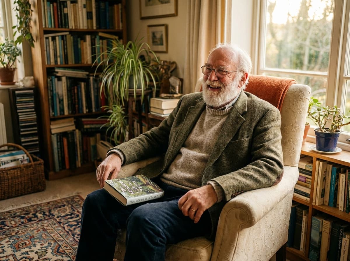 A senior man relaxing with a book by a sunlit window